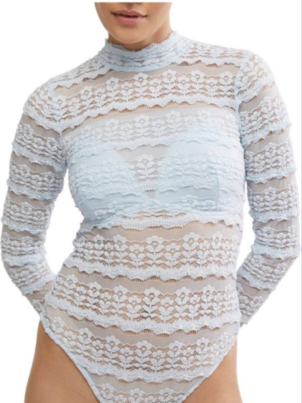 $88 Free People  Angelina Floral Lace Detail  Bodysuit Ice Waters Size L